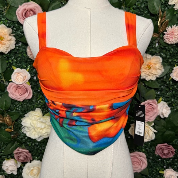 Fashion Nova Tops - Bright Orange Multi-Color  Crop Corset with Tie Back